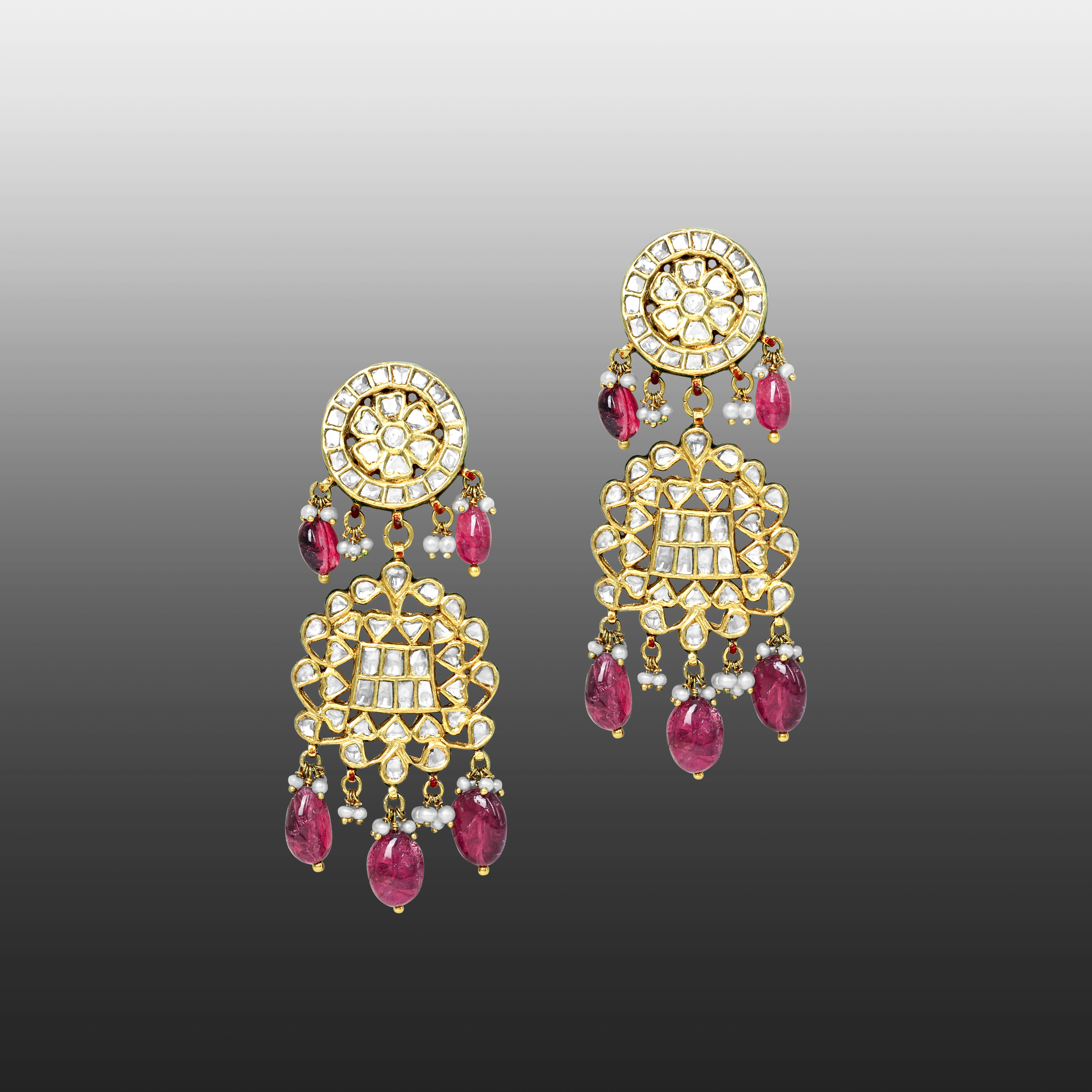 Polki Earrings with Tourmaline Drops and Pearls